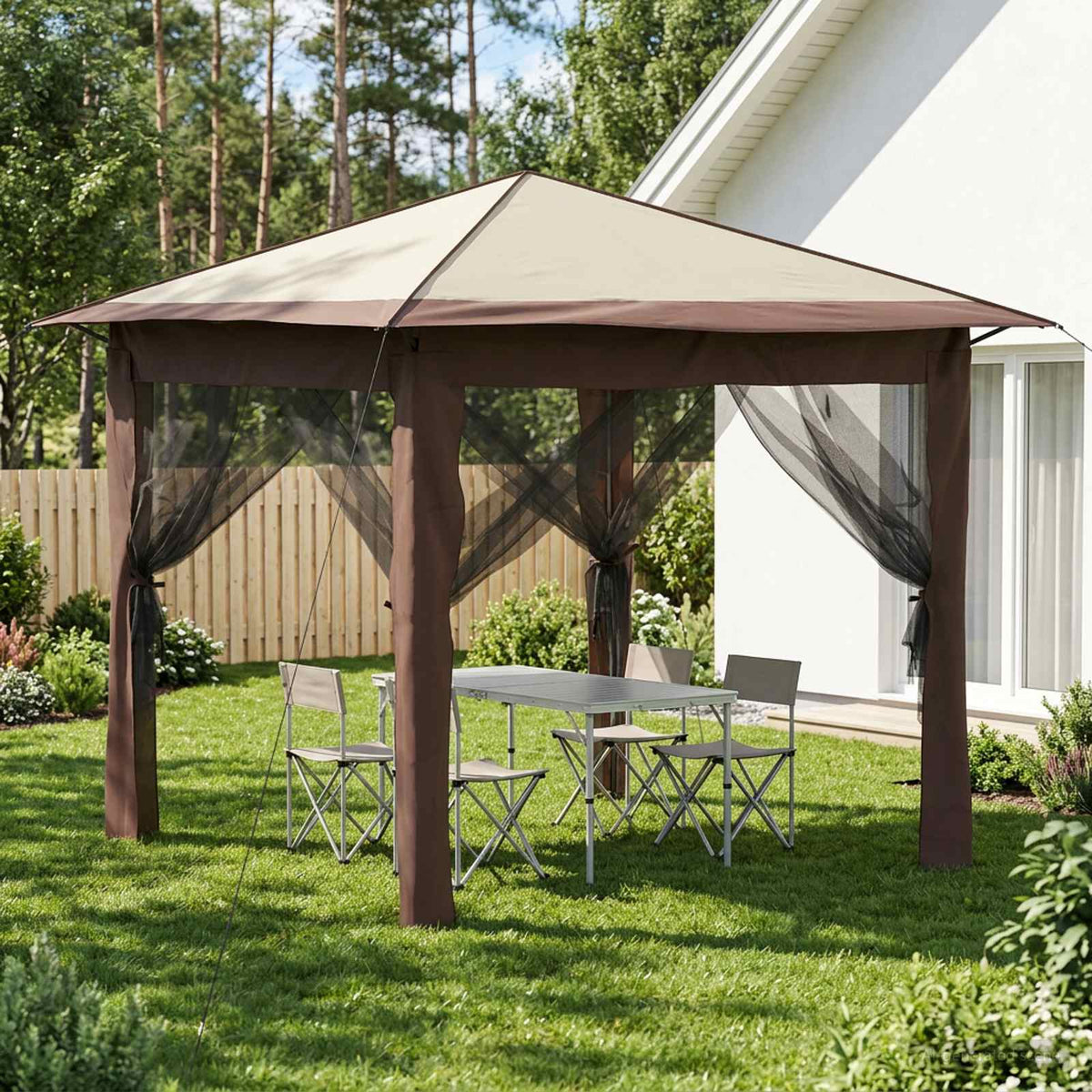 Paviljong med 4 sidoväggar 2,6 x 2,6 m Kräm och brun