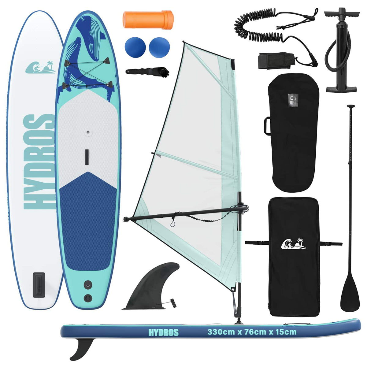 Uppblåsbar SUP-bräda med segel HYDROS 330 x 76 x 15 cm Turkos