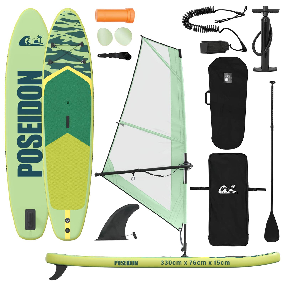 Uppblåsbar SUP-bräda med segel POSEIDON 330 x 76 x 15 cm Grön