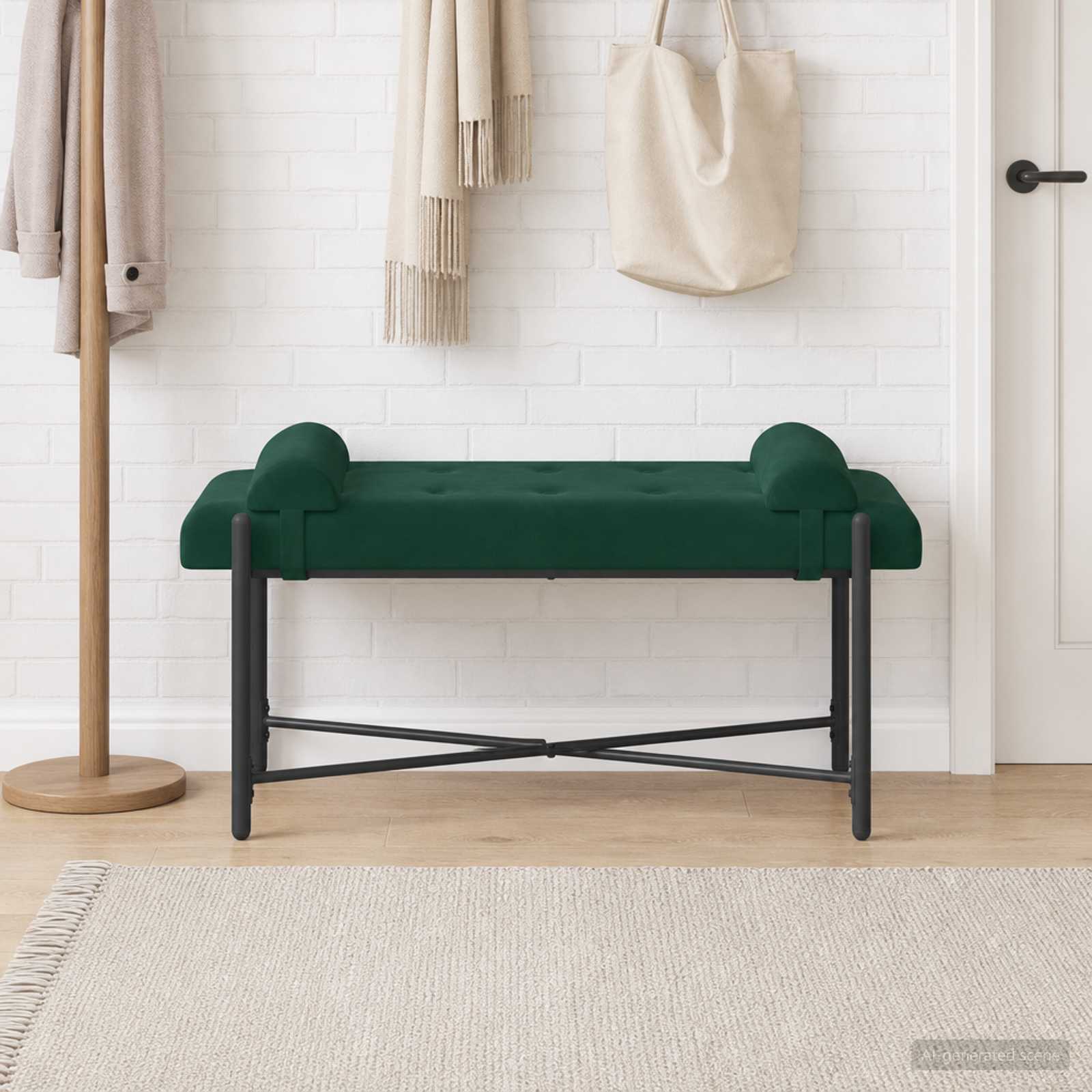 Knappstoppad bänk med kuddar Mörkgrön 110 x 40 x 46 cm Sammet