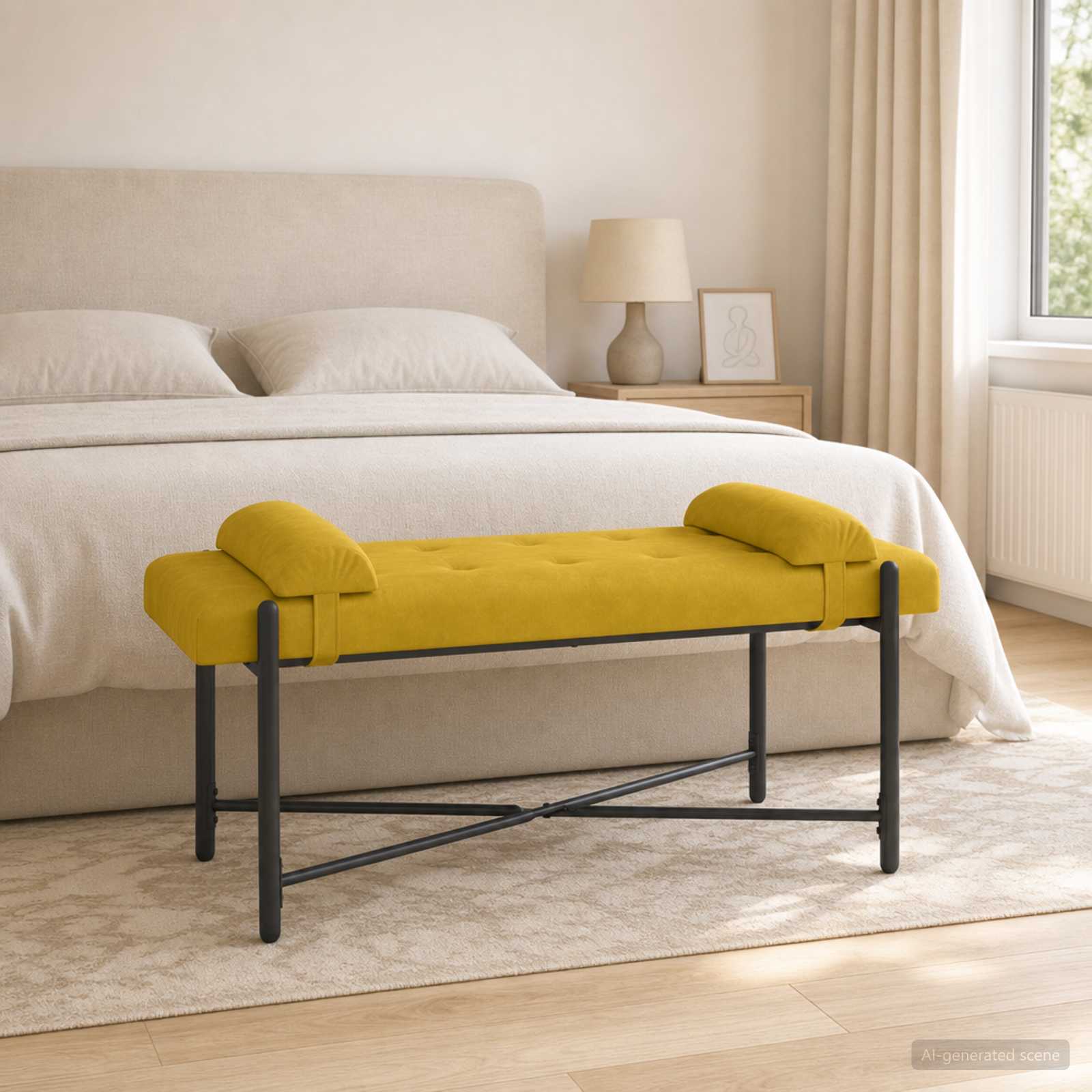 Knappstoppad bänk med kuddar Gul 110 x 40 x 46 cm Sammet