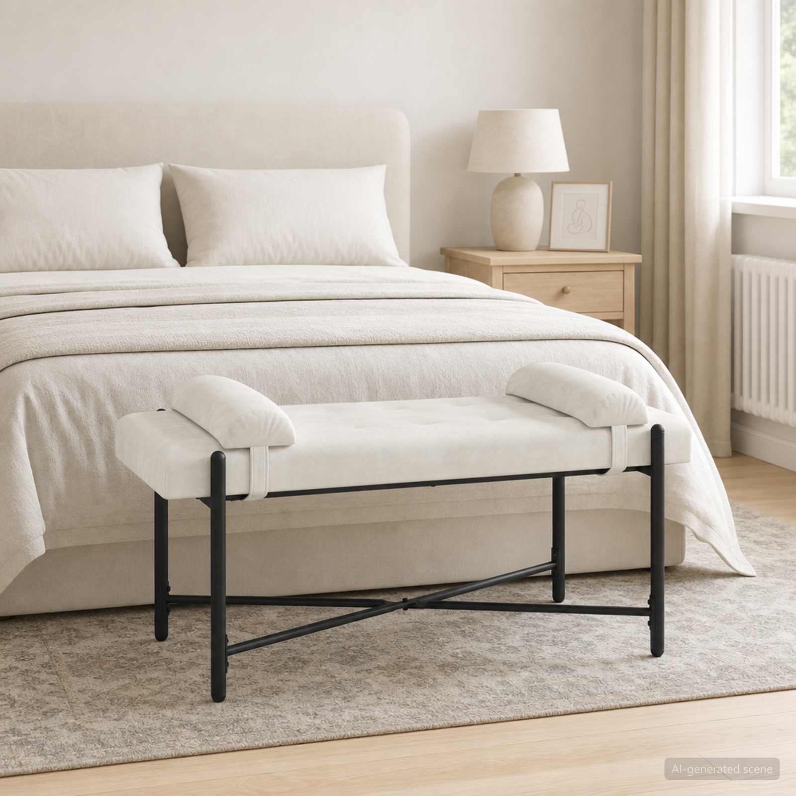 Knappstoppad bänk med kuddar Gräddvit 110 x 40 x 46 cm Sammet