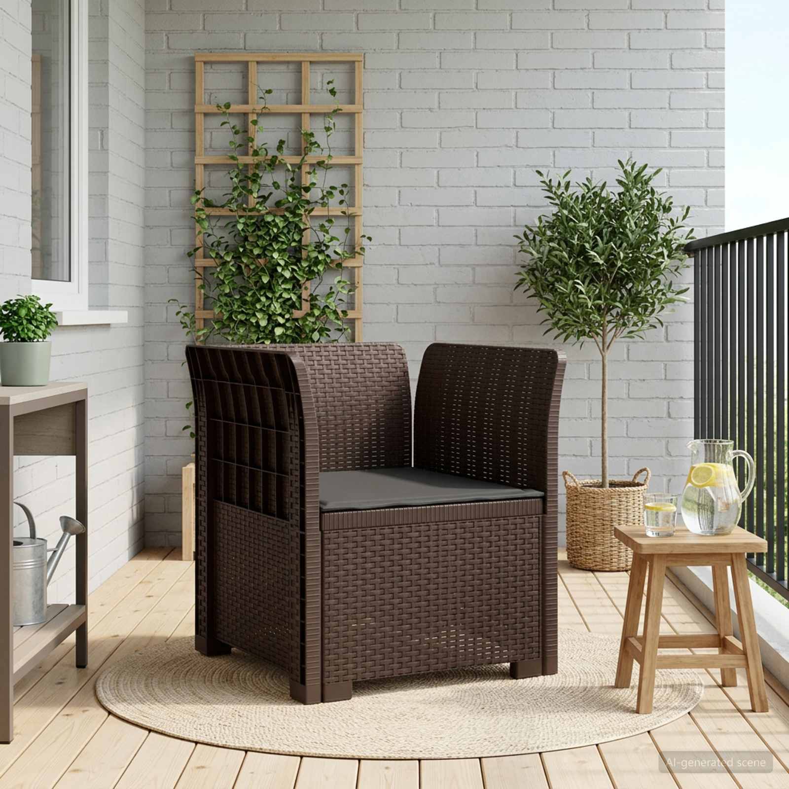 1-sits fåtölj med kudde i rottlook PP Brun