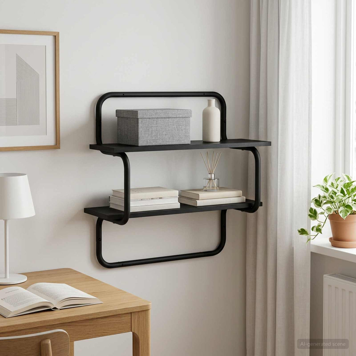 Vägghylla i 2 plan Svart ek 80 x 24,5 x 61 cm Konstruerat trä