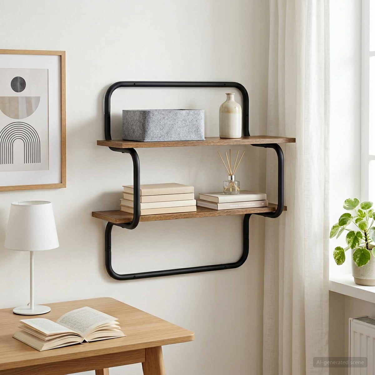 Vägghylla i 2 nivåer Rökt ek 40 x 24,5 x 61 cm Konstruerat trä