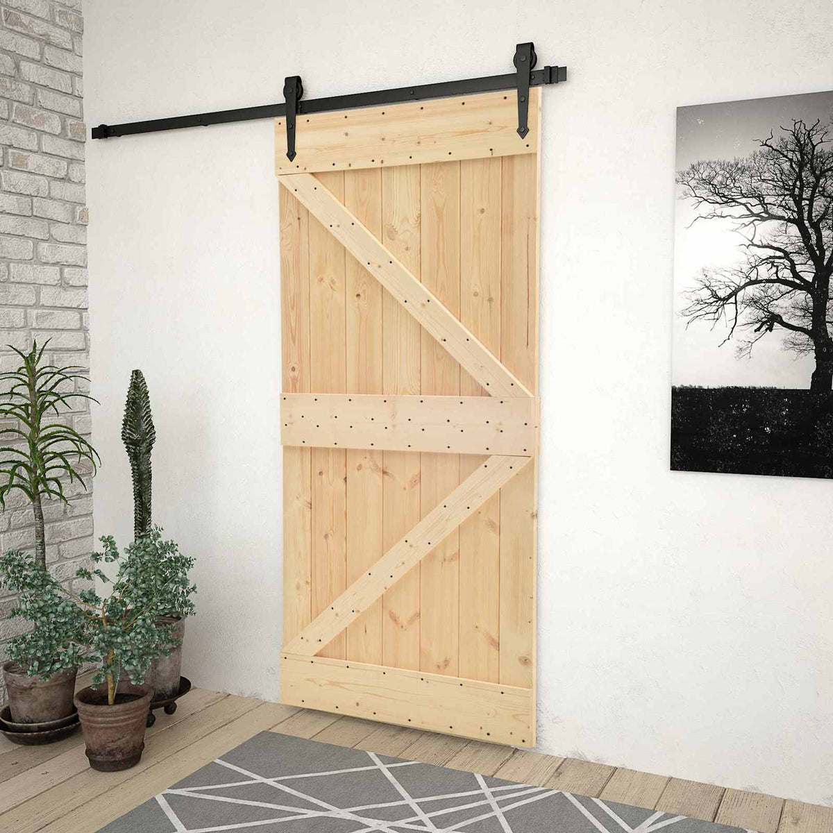 Skjutdörr 80 x 210 cm Massiv furu Naturlig och svart