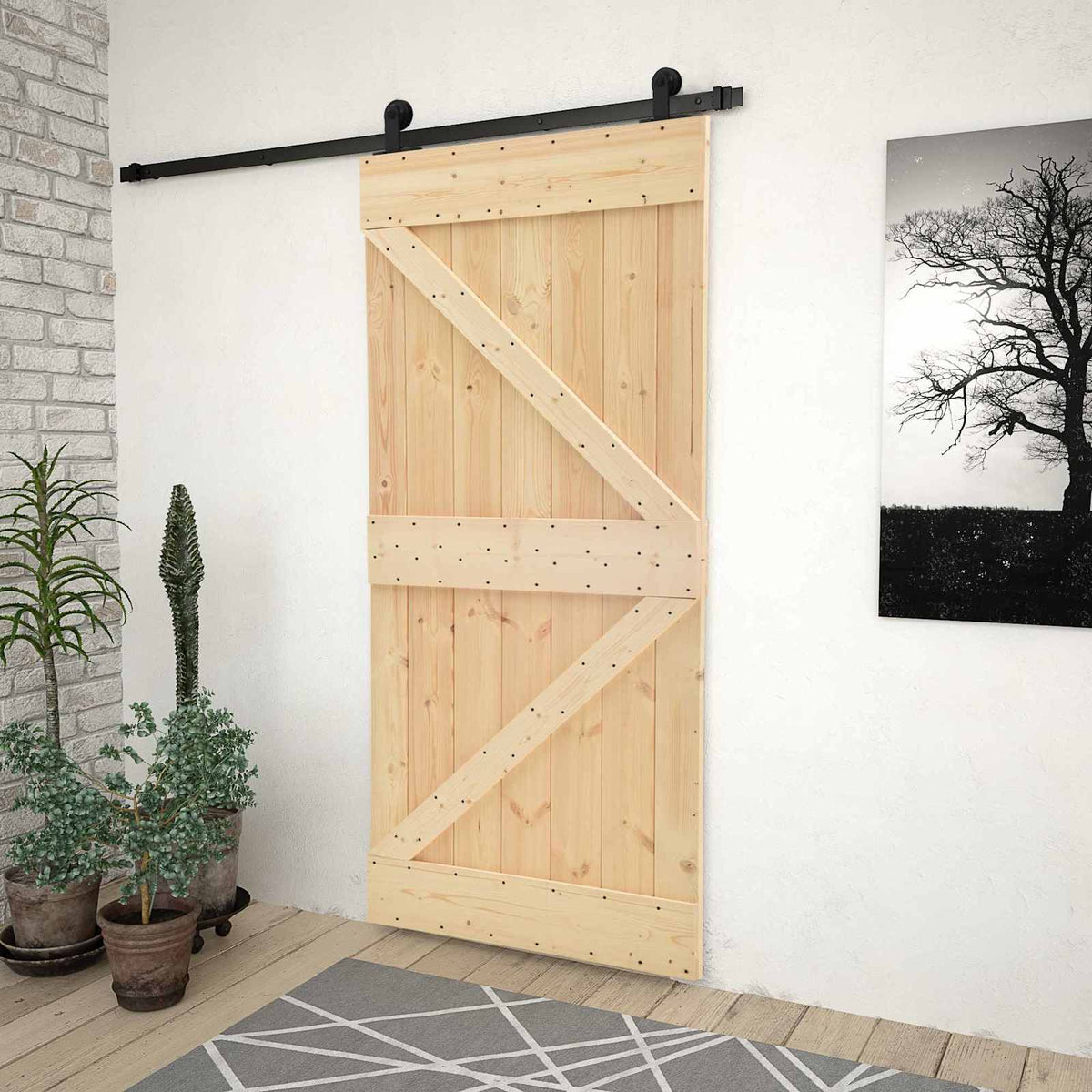 Skjutdörr 80 x 210 cm Massiv furu Naturlig och svart