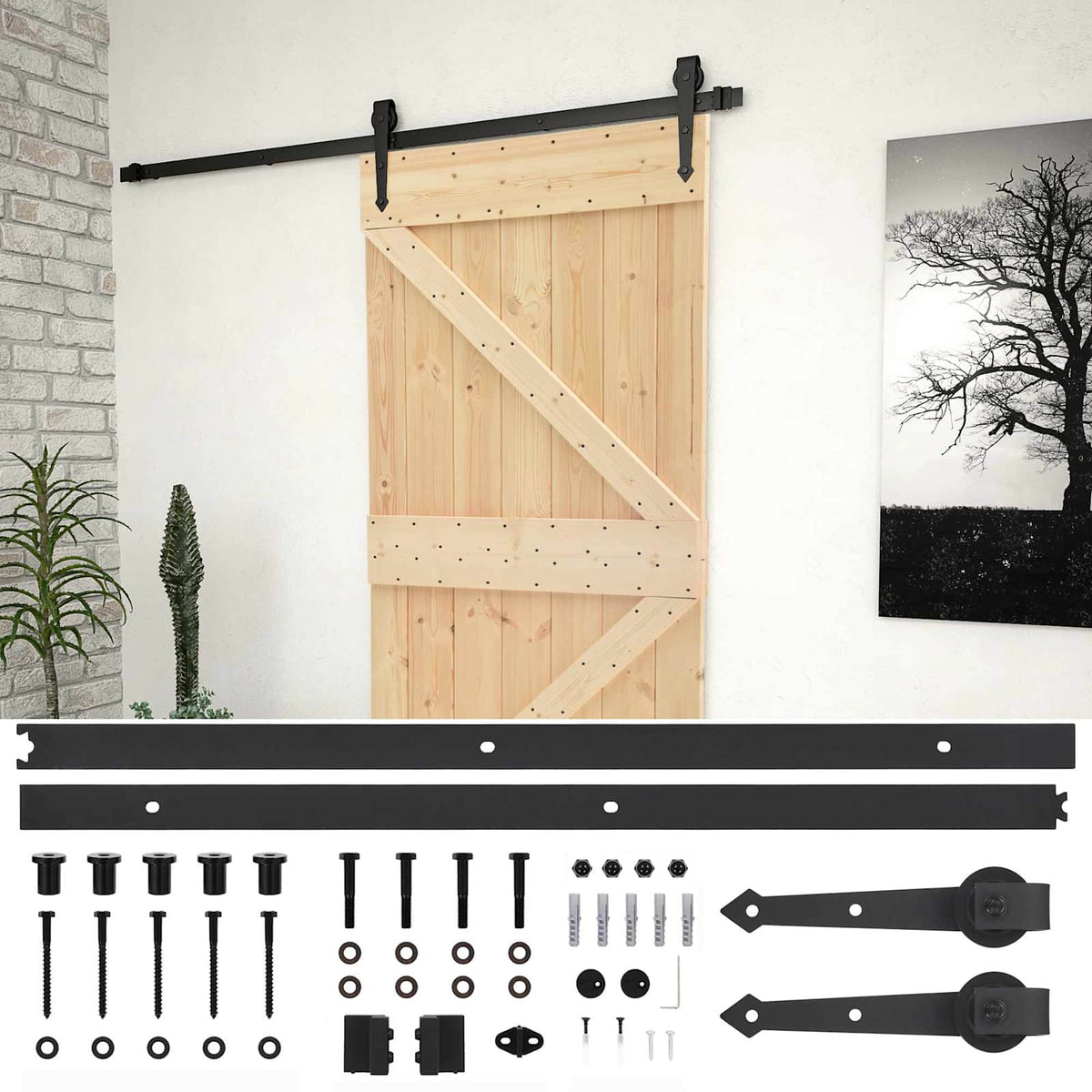 Skjutdörr 90 x 210 cm Massiv furu Naturlig och svart