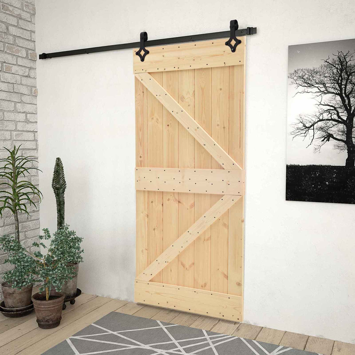 Skjutdörr 90 x 210 cm Massiv furu Naturlig och svart