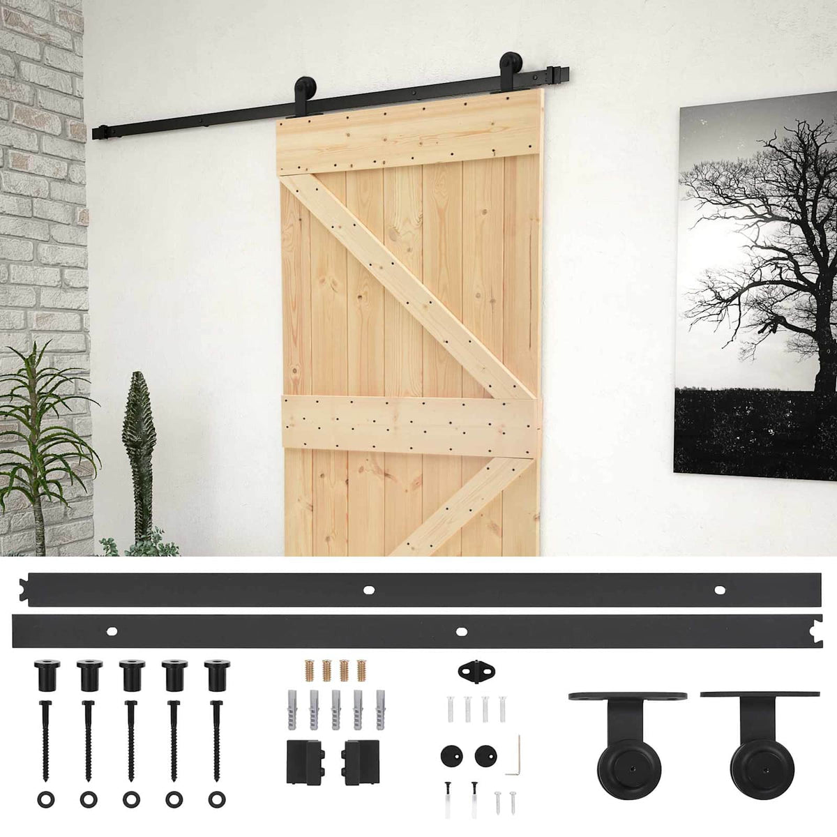 Skjutdörr 90 x 210 cm Massiv furu Naturlig och svart
