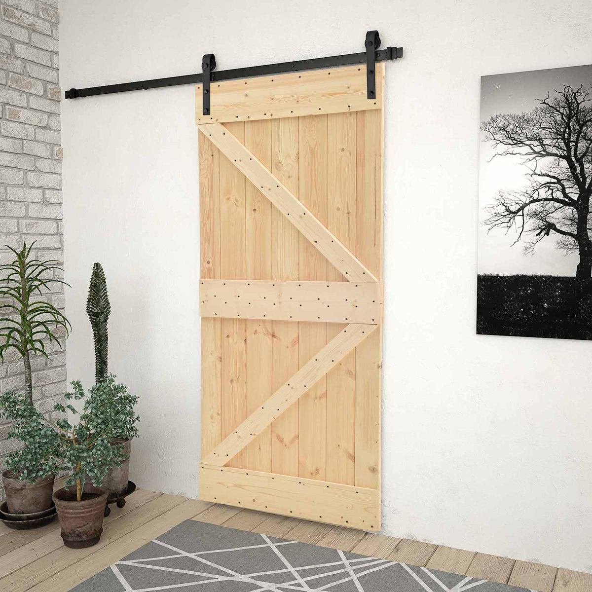 Skjutdörr 90 x 210 cm Massiv furu Naturlig och svart