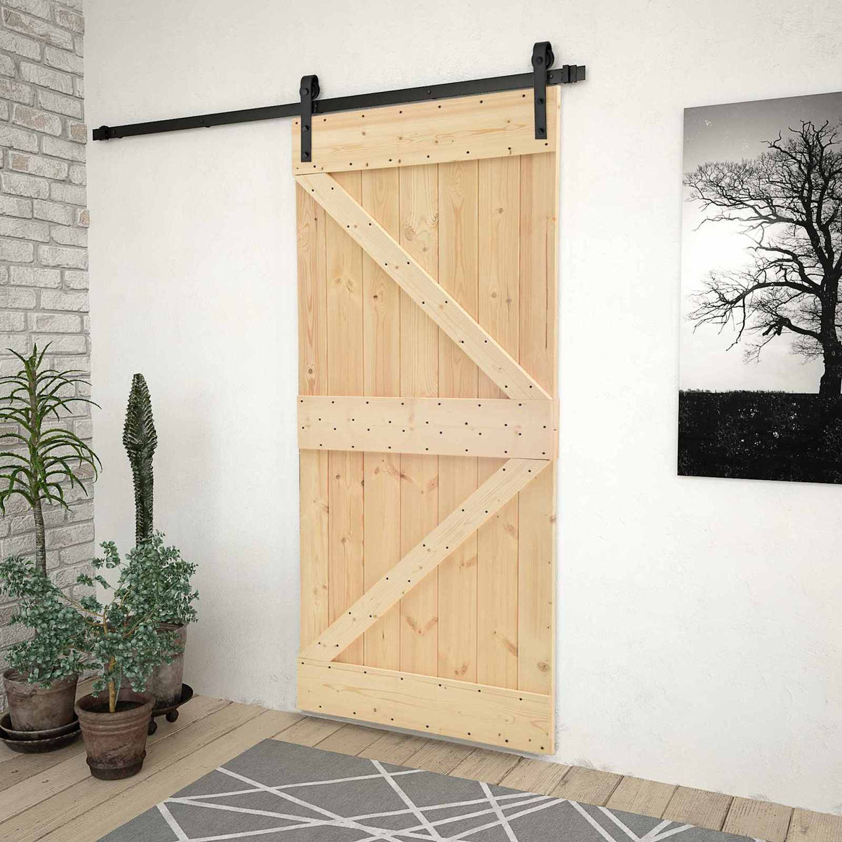 Skjutdörr 90 x 210 cm Massiv furu Naturlig och svart