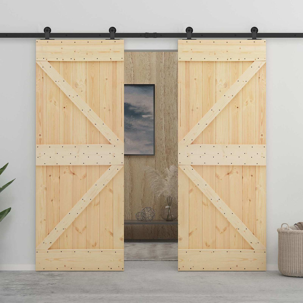 Skjutdörr 2 st 90 x 210 cm Massiv furu Naturlig och svart