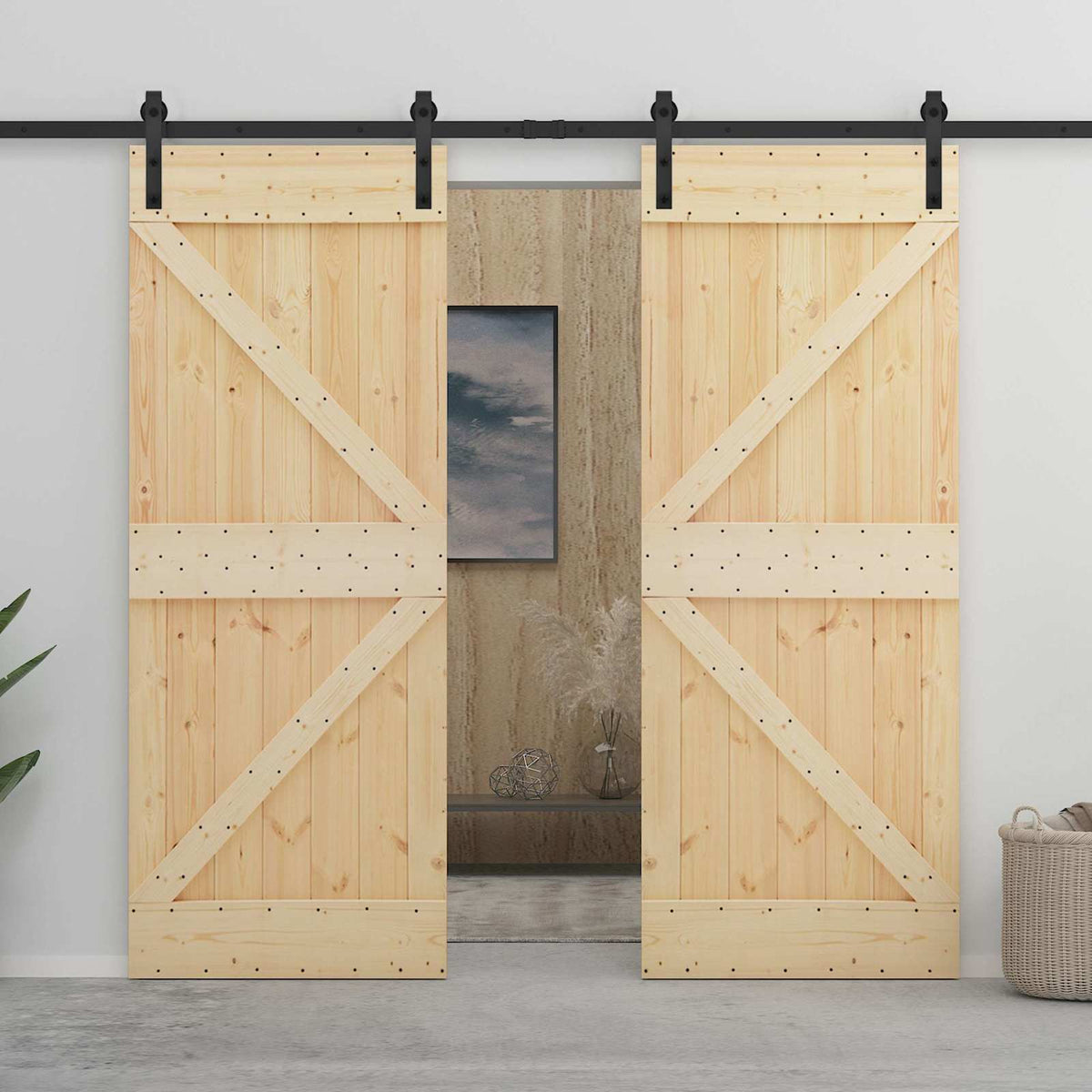 Skjutdörr 2 st 90 x 210 cm Massiv furu Naturlig och svart