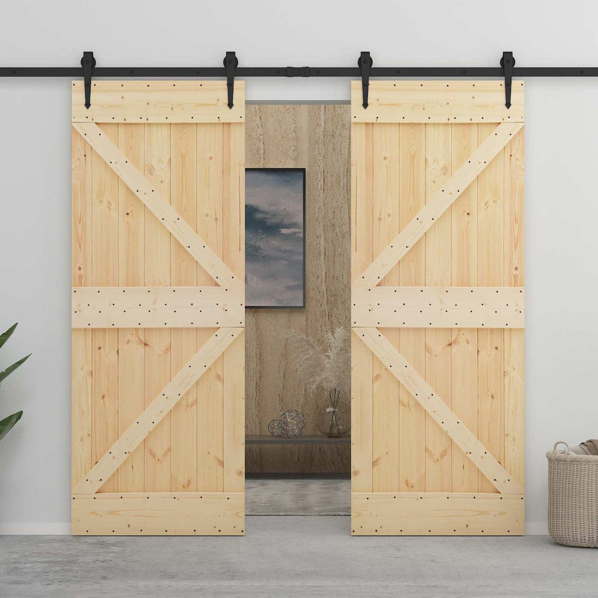 Skjutdörr 2 st 90 x 210 cm Massiv furu Naturlig och svart
