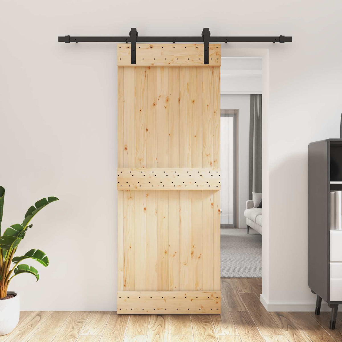 Skjutdörr Naturlig och svart 80 x 210 cm Massiv furuträdörr