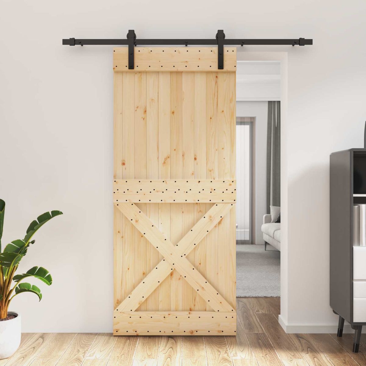 Skjutdörr Naturlig och svart 90 x 210 cm Massiv furuträdörr