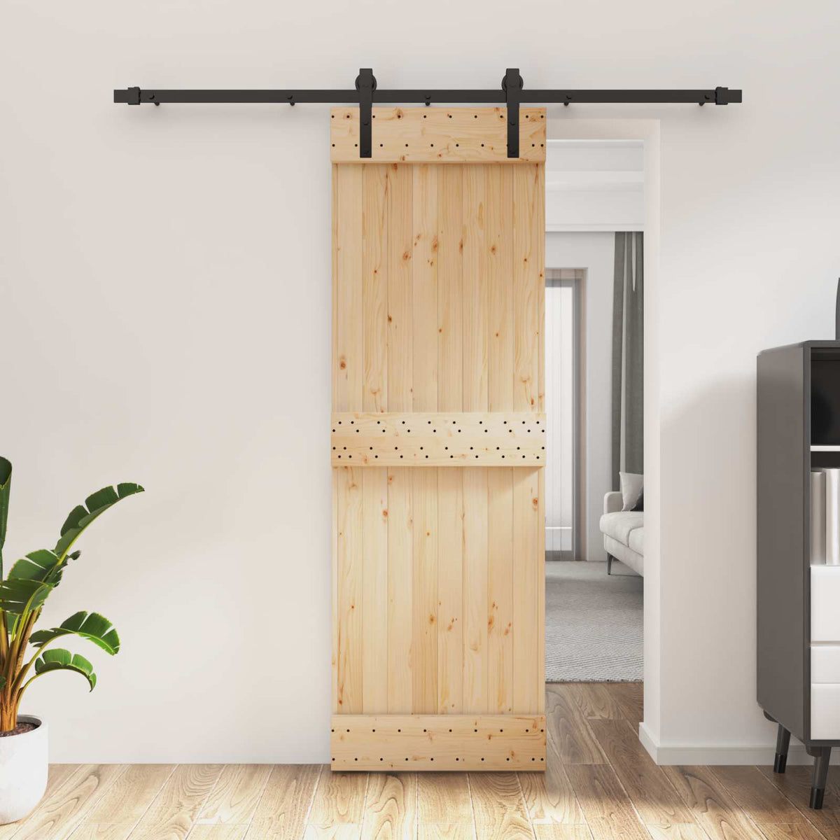 Skjutdörr Naturlig och svart 70 x 210 cm Massiv furuträdörr