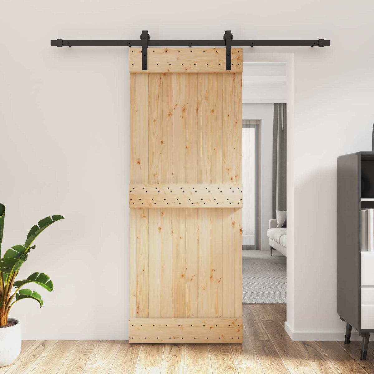 Skjutdörr Naturlig och svart 80 x 210 cm Massiv furuträdörr