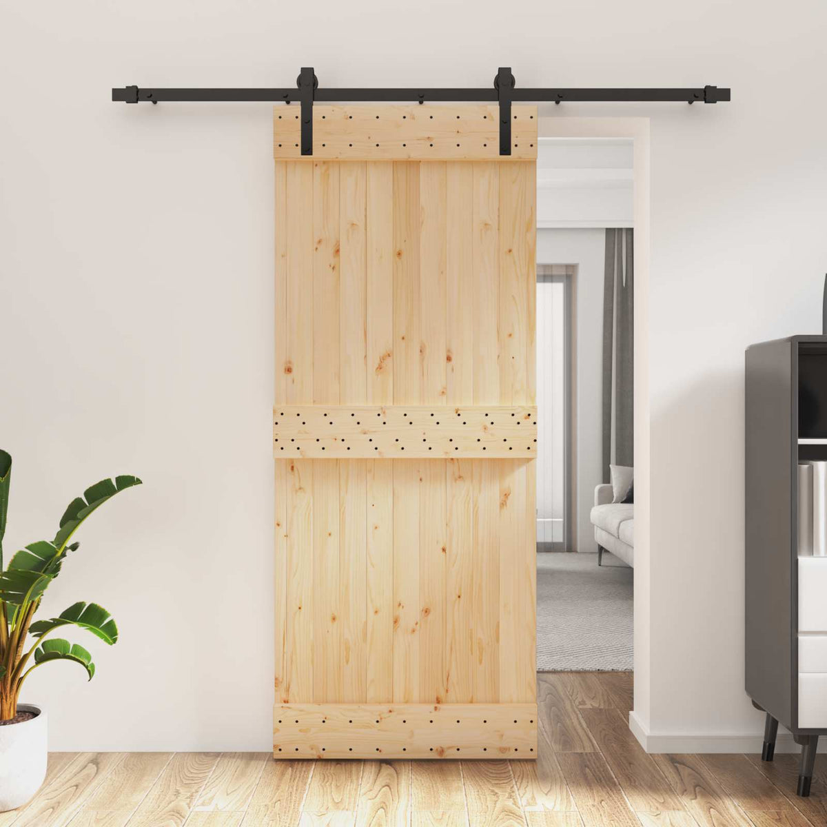 Skjutdörr Naturlig och svart 85 x 210 cm Massiv furuträdörr