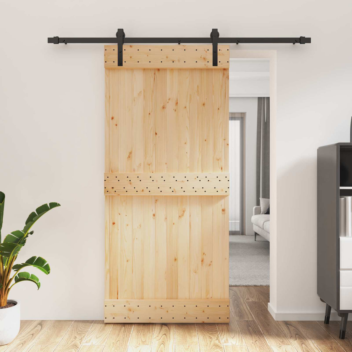 Skjutdörr Naturlig och svart 95 x 210 cm Massiv furuträdörr