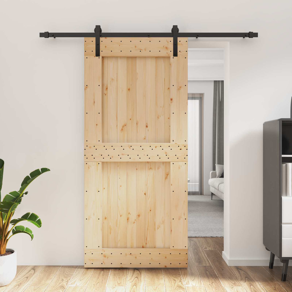 Skjutdörr Naturlig och svart 95 x 210 cm Massiv furuträdörr