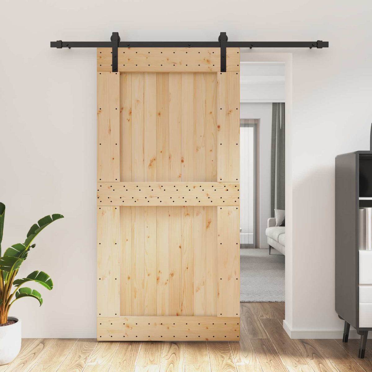 Skjutdörr Naturlig och svart 100 x 210 cm Massiv furuträdörr
