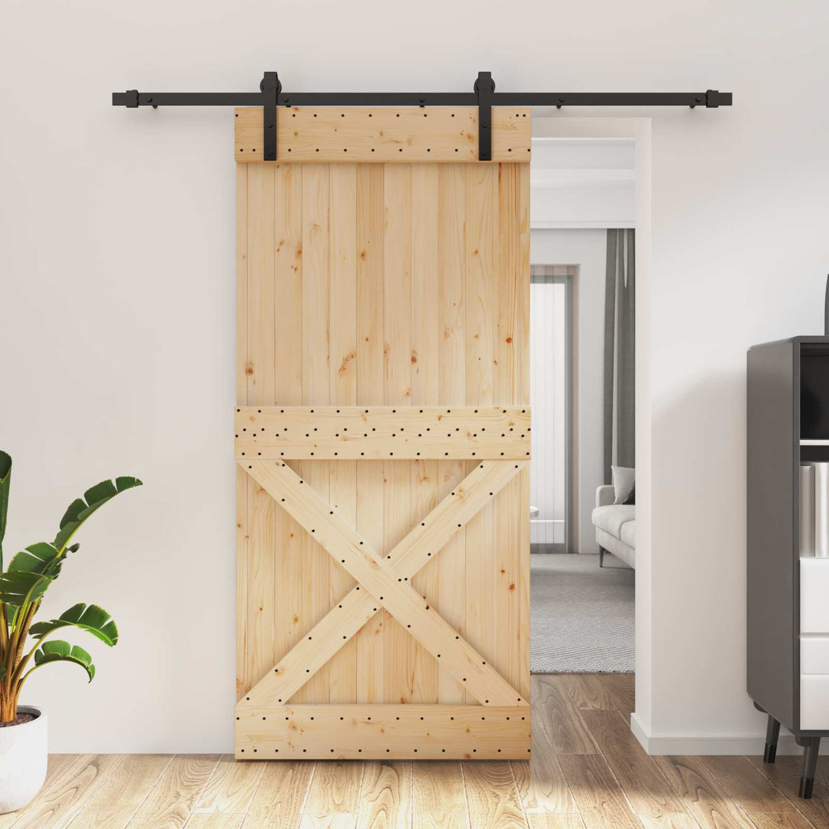 Skjutdörr Naturlig och svart 95 x 210 cm Massiv furuträdörr