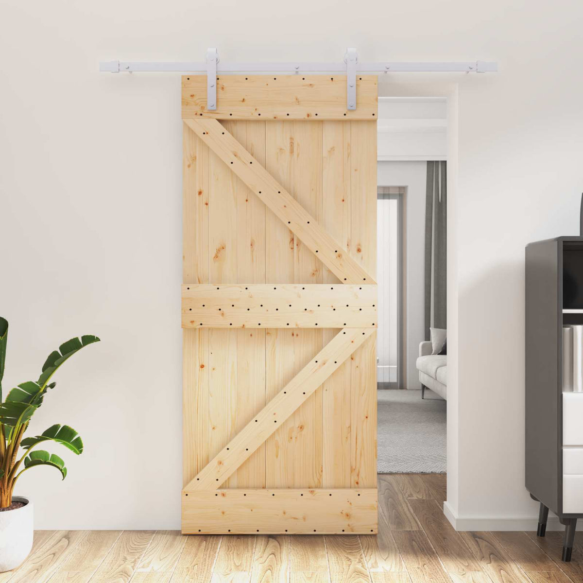 Skjutdörr 90 x 210 cm Massiv furu Naturlig och vit