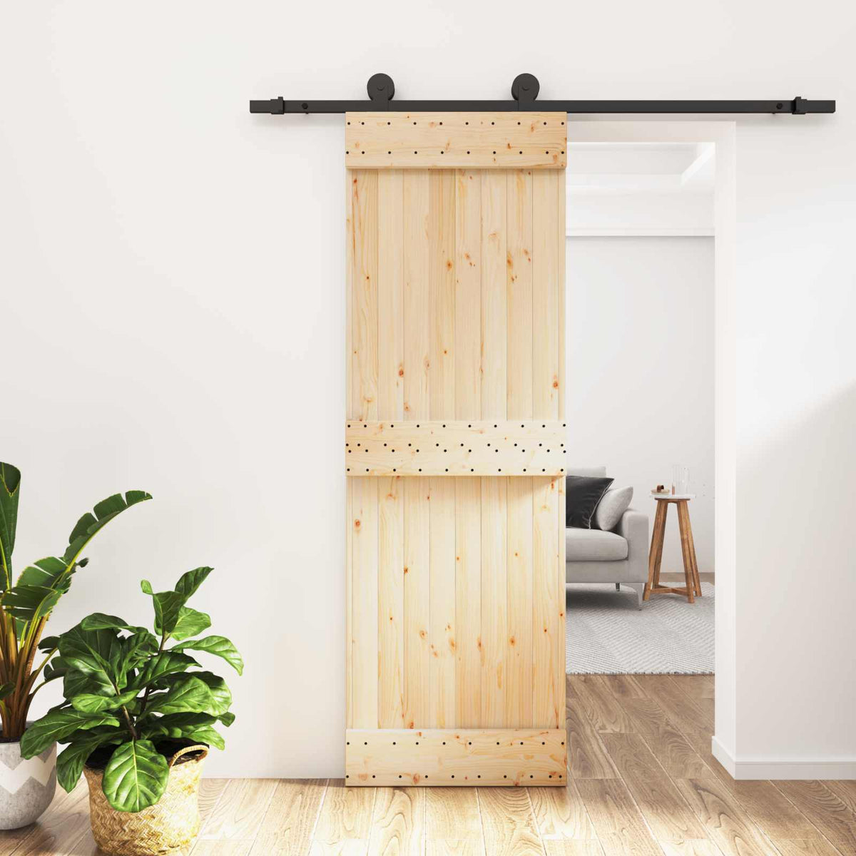 Skjutdörr Naturlig och svart 70 x 210 cm Massiv furuträdörr