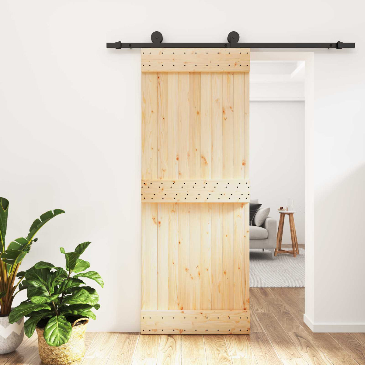 Skjutdörr Naturlig och svart 80 x 210 cm Massiv furuträdörr