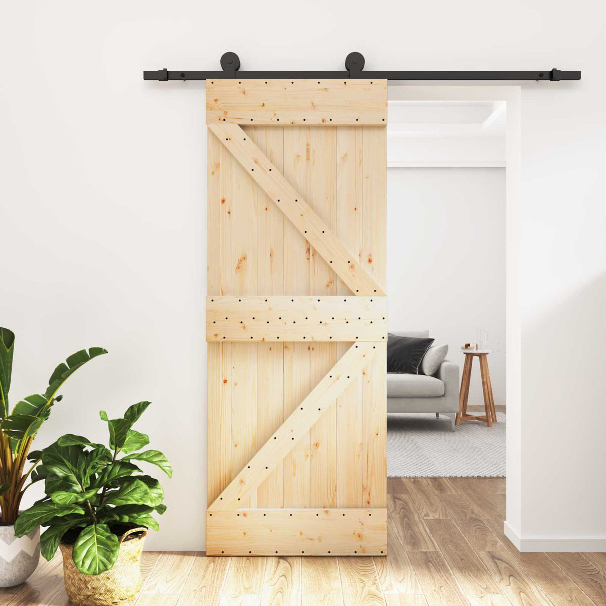Skjutdörr Naturlig och svart 70 x 210 cm Massiv furuträdörr