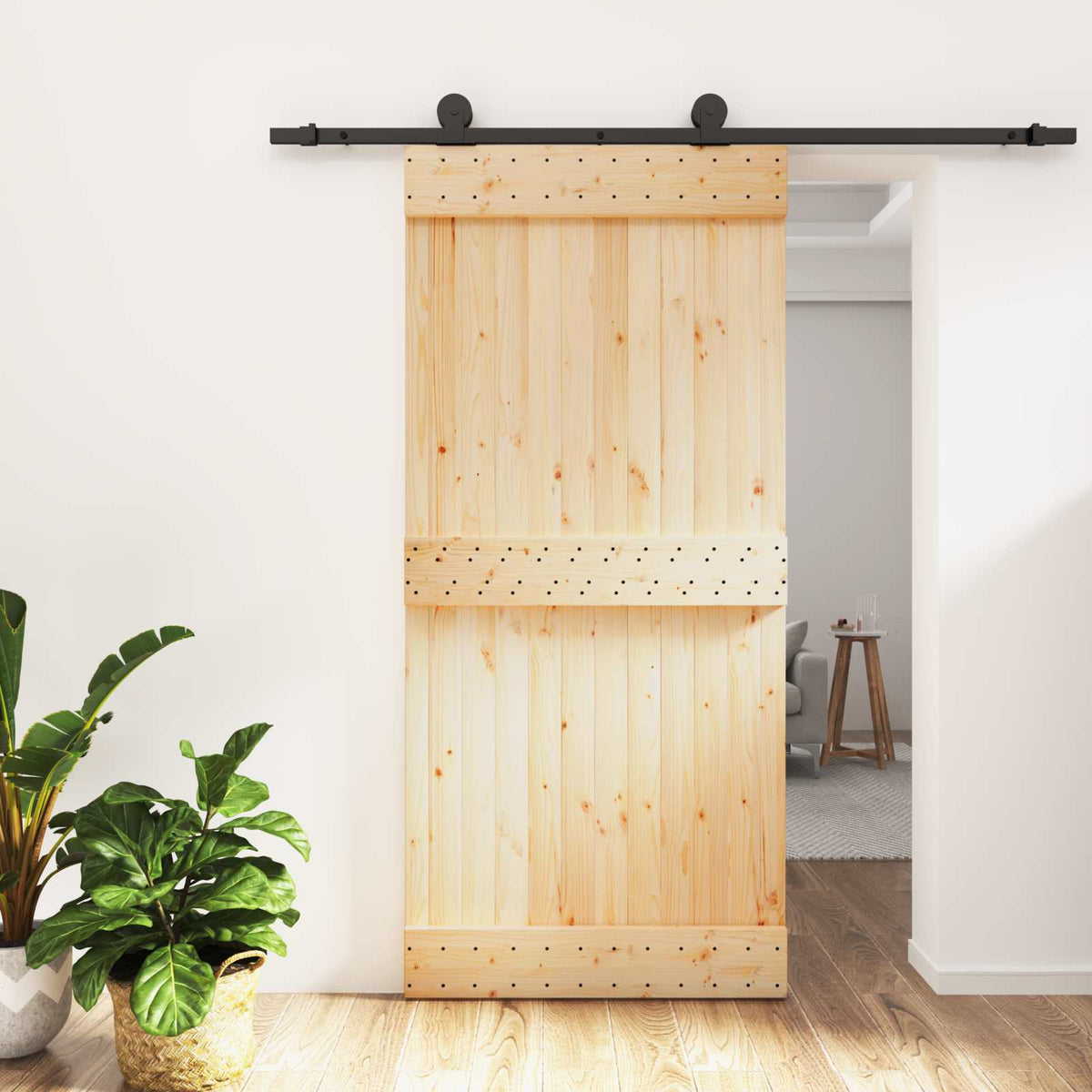 Skjutdörr Naturlig och svart 95 x 210 cm Massiv furuträdörr