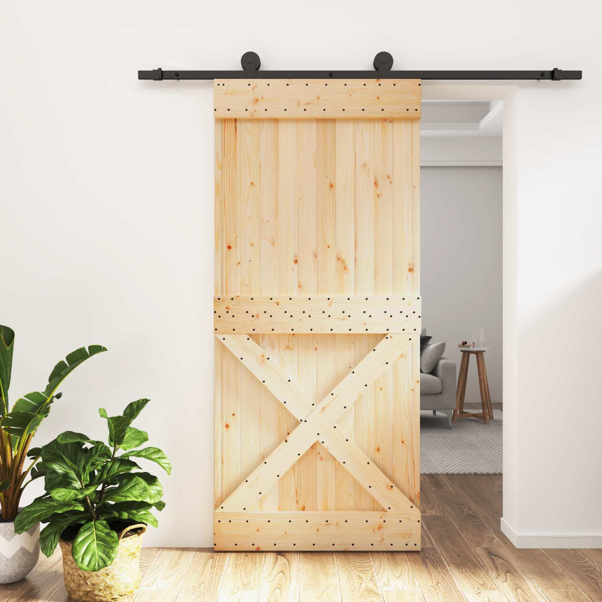 Skjutdörr Naturlig och svart 95 x 210 cm Massiv furuträdörr