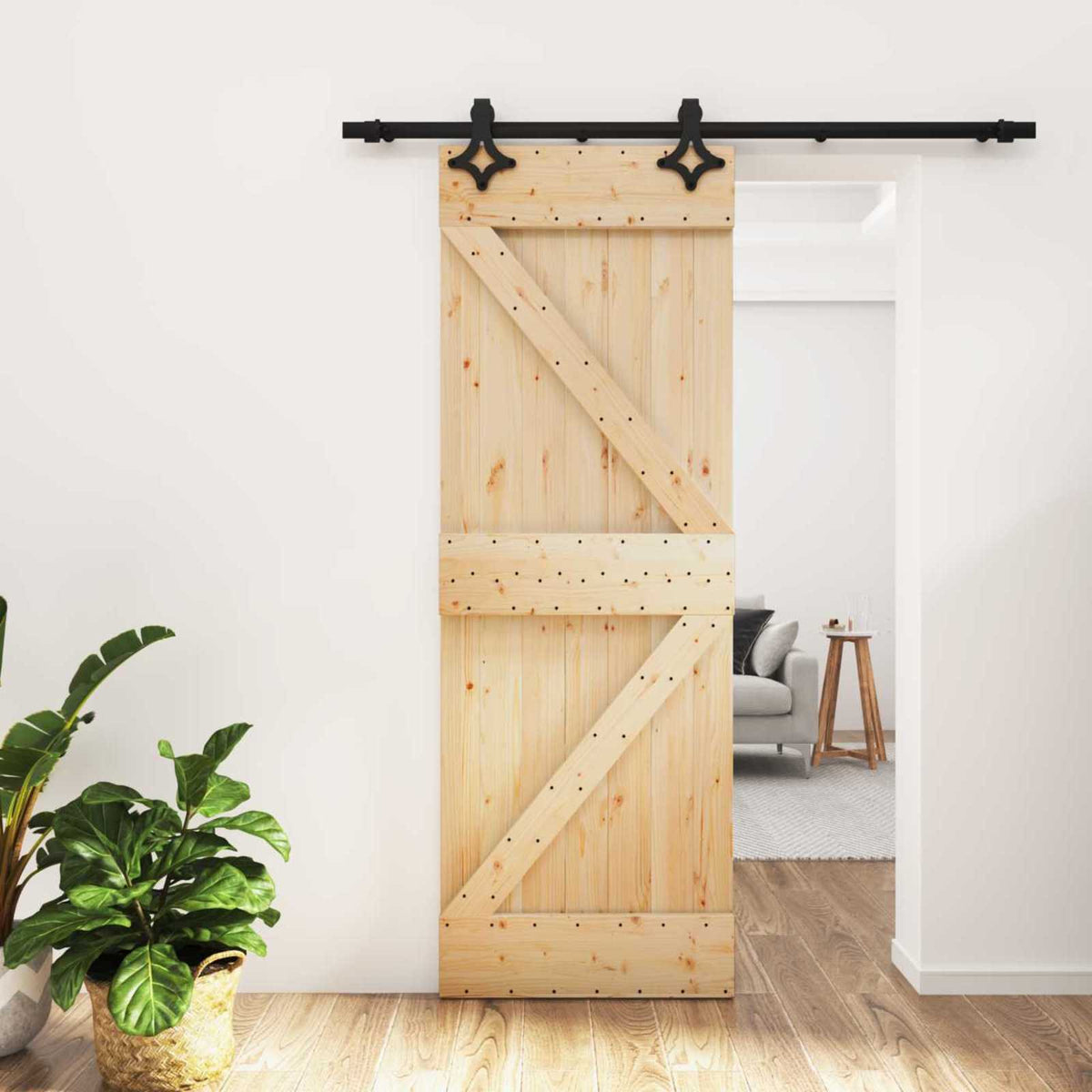 Skjutdörr Naturlig och svart 70 x 210 cm Massiv furuträdörr