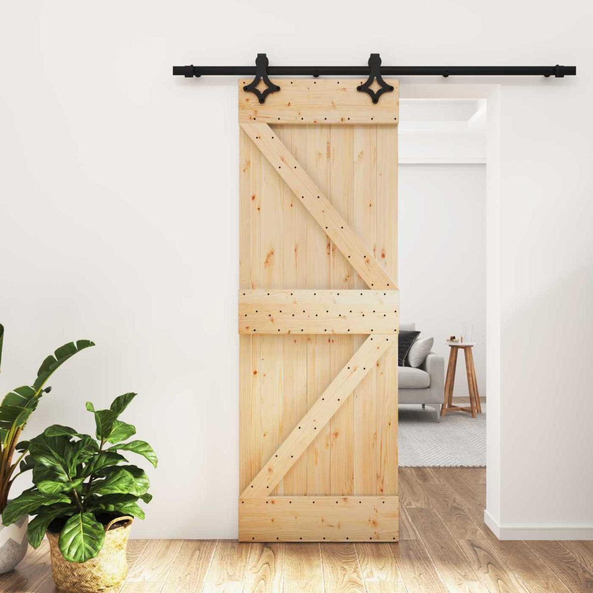 Skjutdörr Naturlig och svart 70 x 210 cm Massiv furuträdörr