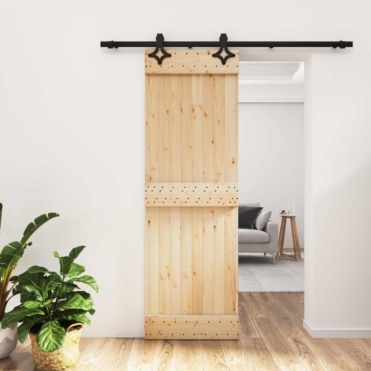 Skjutdörr Naturlig och svart 70 x 210 cm Massiv furuträdörr