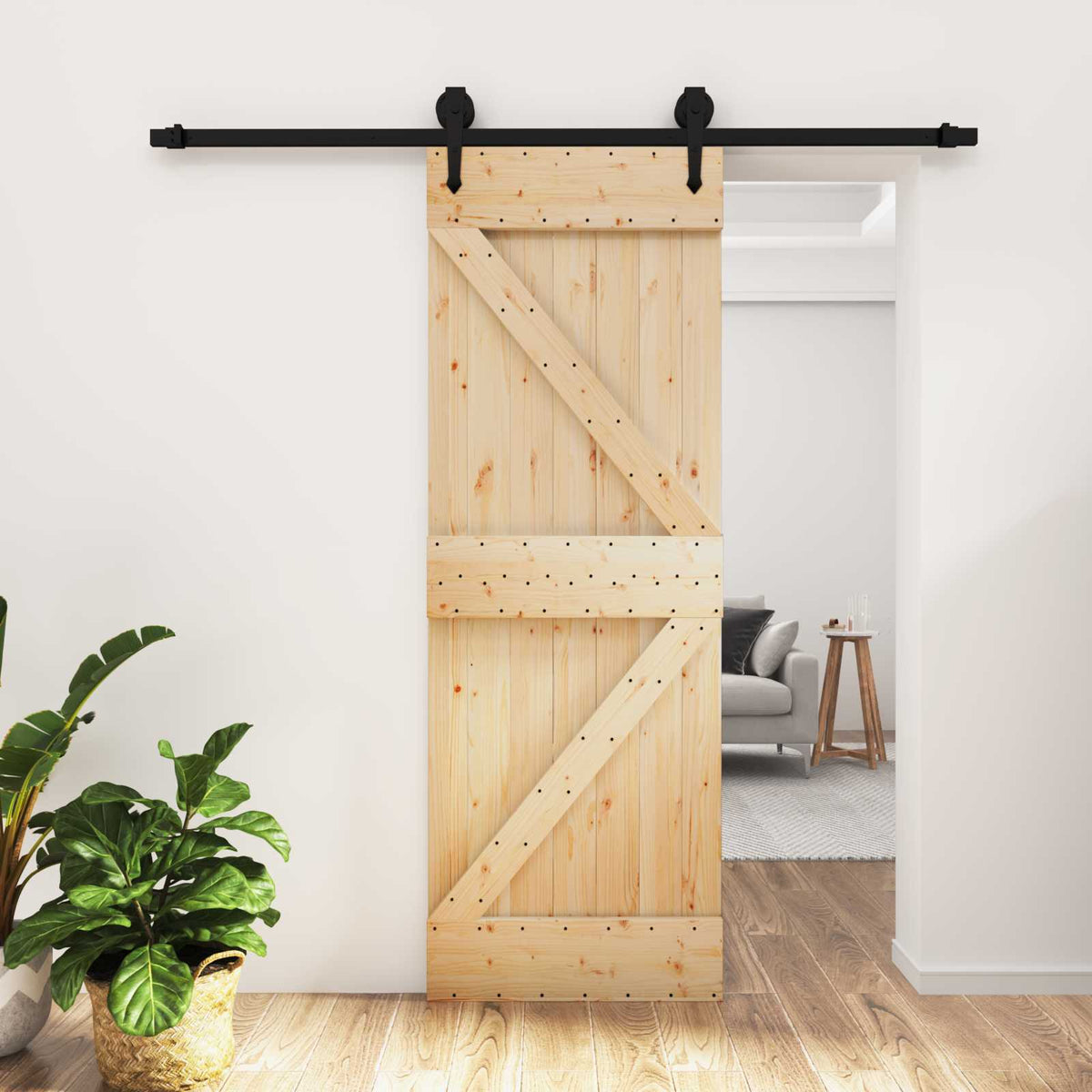 Skjutdörr Naturlig och svart 70 x 210 cm Massiv furuträdörr