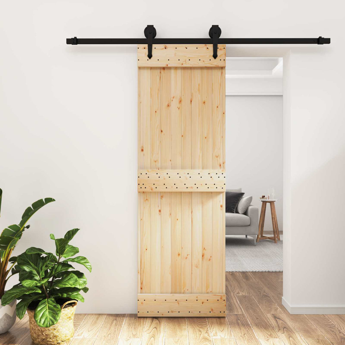 Skjutdörr Naturlig och svart 70 x 210 cm Massiv furuträdörr
