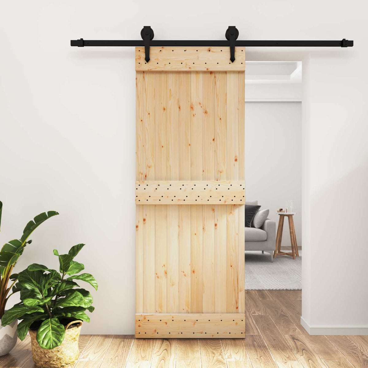 Skjutdörr Naturlig och svart 80 x 210 cm Massiv furuträdörr