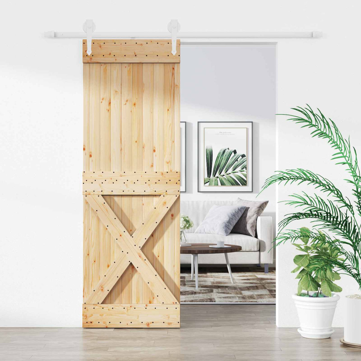 Skjutdörr 80 x 210 cm Massiv furu Naturlig och vit