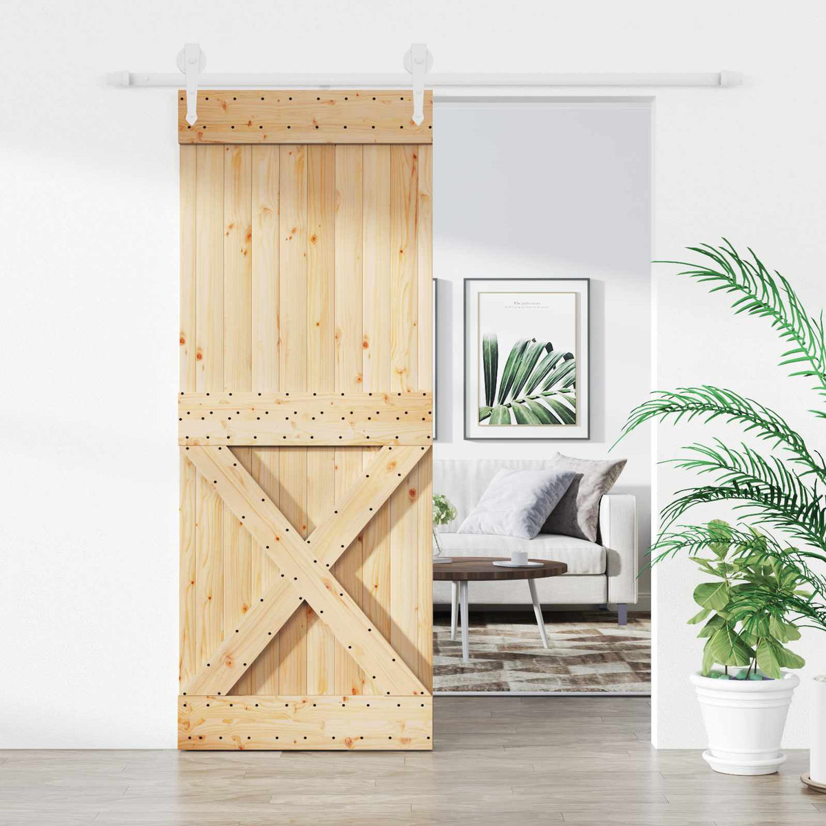 Skjutdörr Naturlig och vit 90 x 210 cm Massiv furu