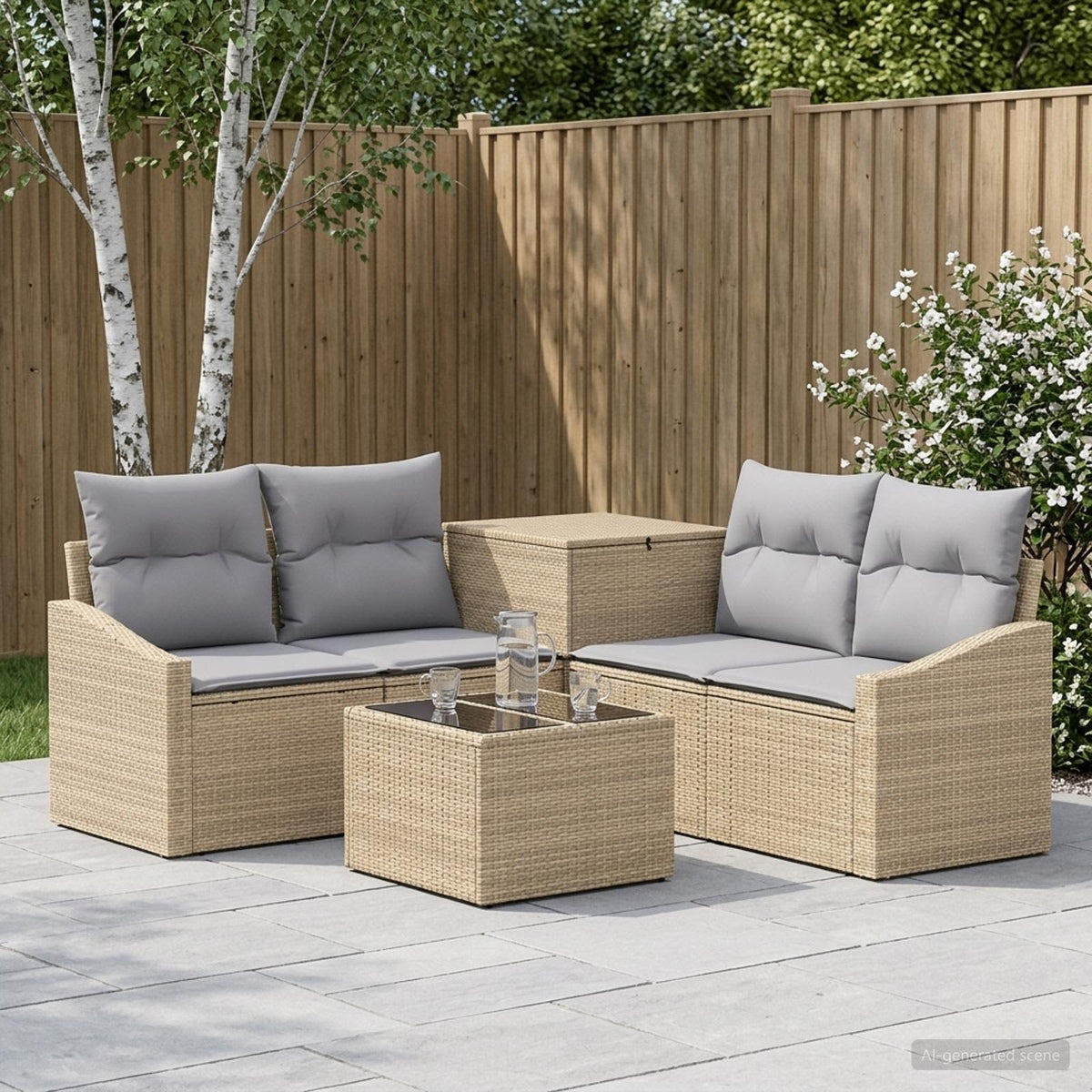 Soffset 6 st Beige och Ljusgrå Poly Rattan och stål