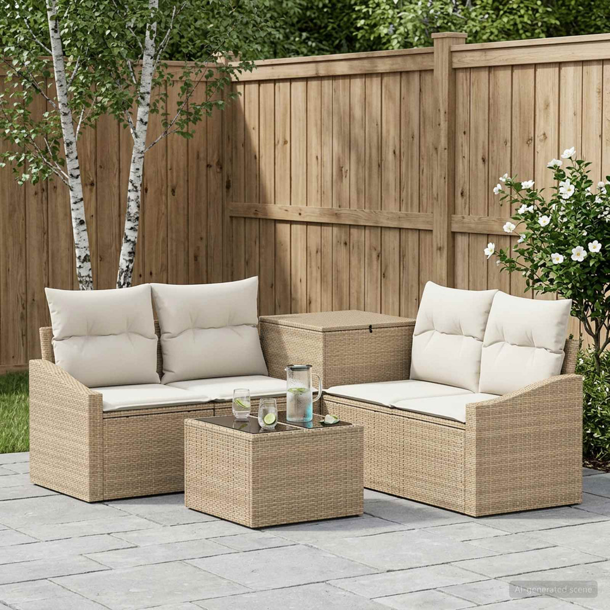 Soffset 6 st Beige och krämvit Poly Rattan och stål
