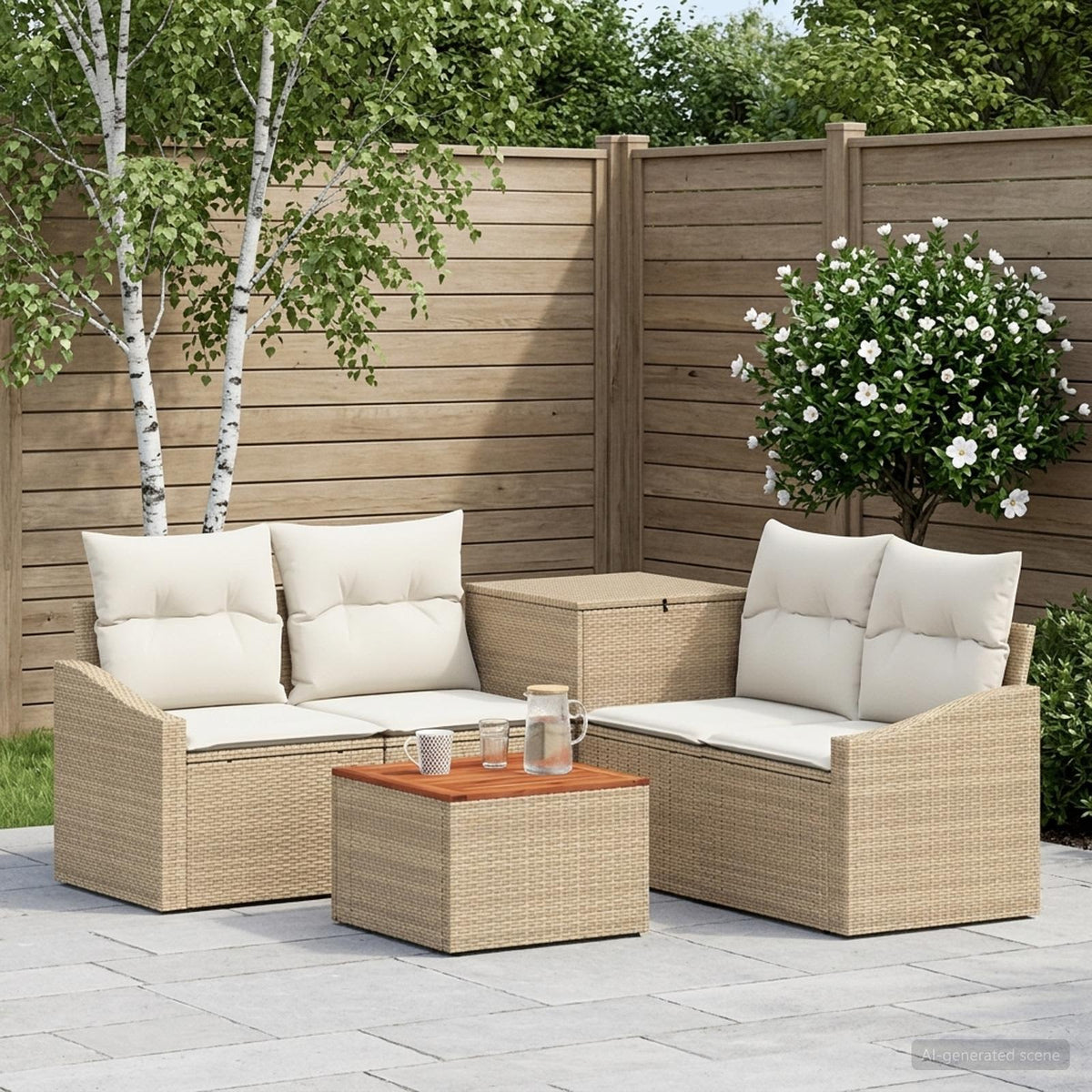 Soffset 6 st Beige och krämvit Poly Rattan och stål