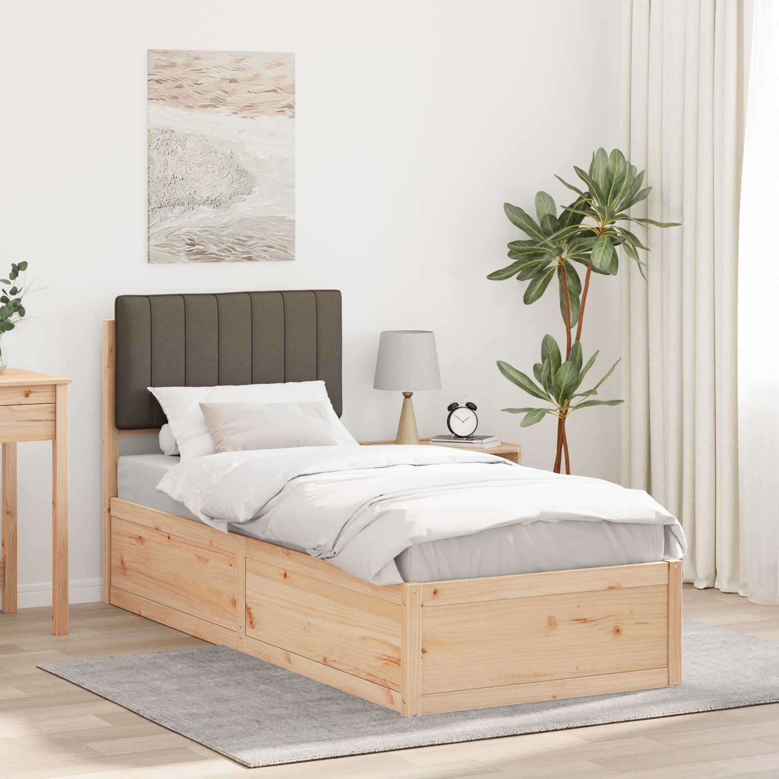 Sängram med Klädd Huvudgavel Taupe 75 x 190 cm Massiv furu