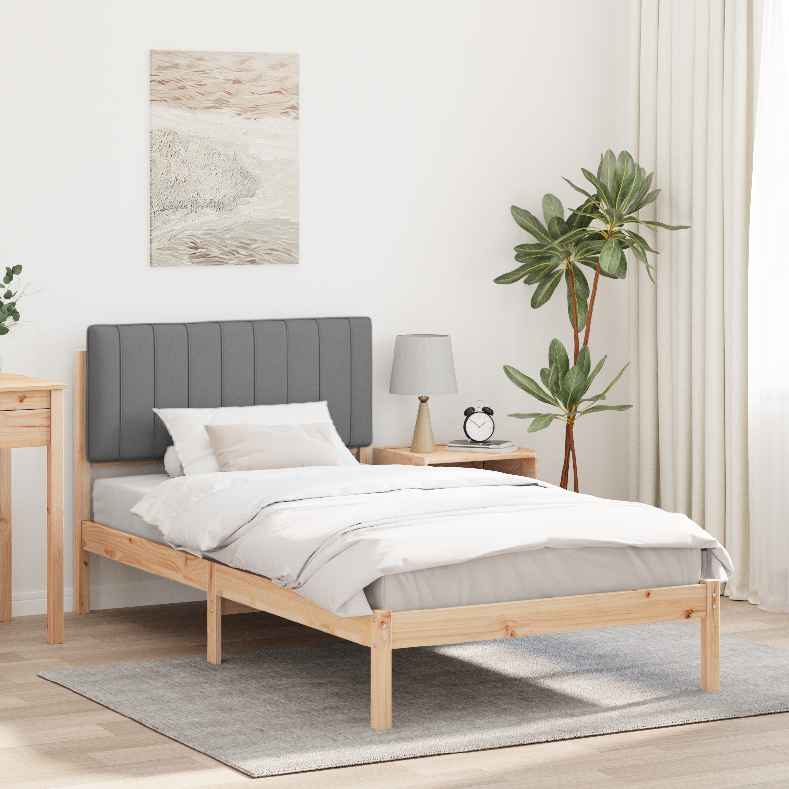 Sängram med Klädd Huvudgavel Naturlig och Ljus Grå 90 x 200 cm