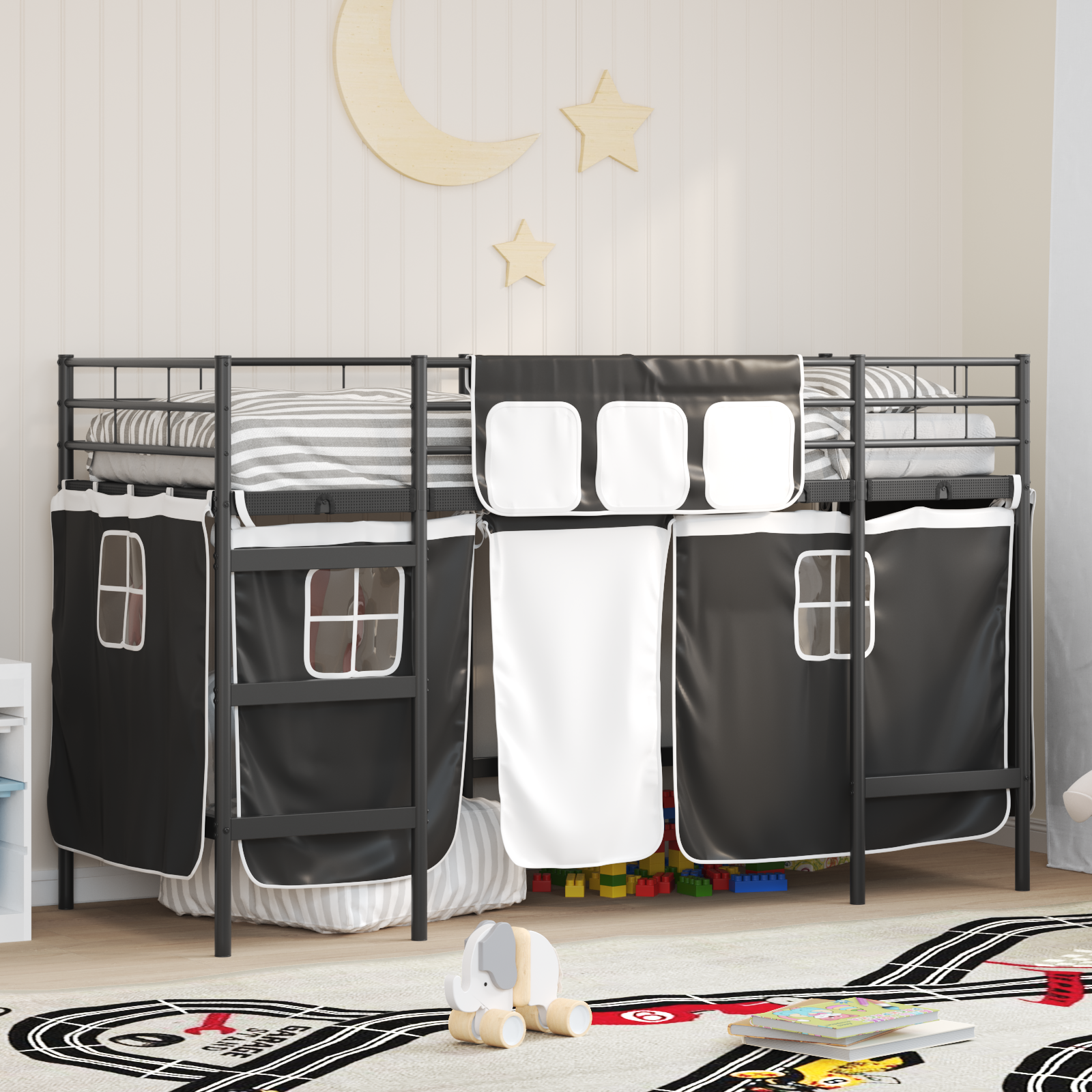 Barns LOFT SÄNG RAM med Gardiner Svart 75 x 190 cm