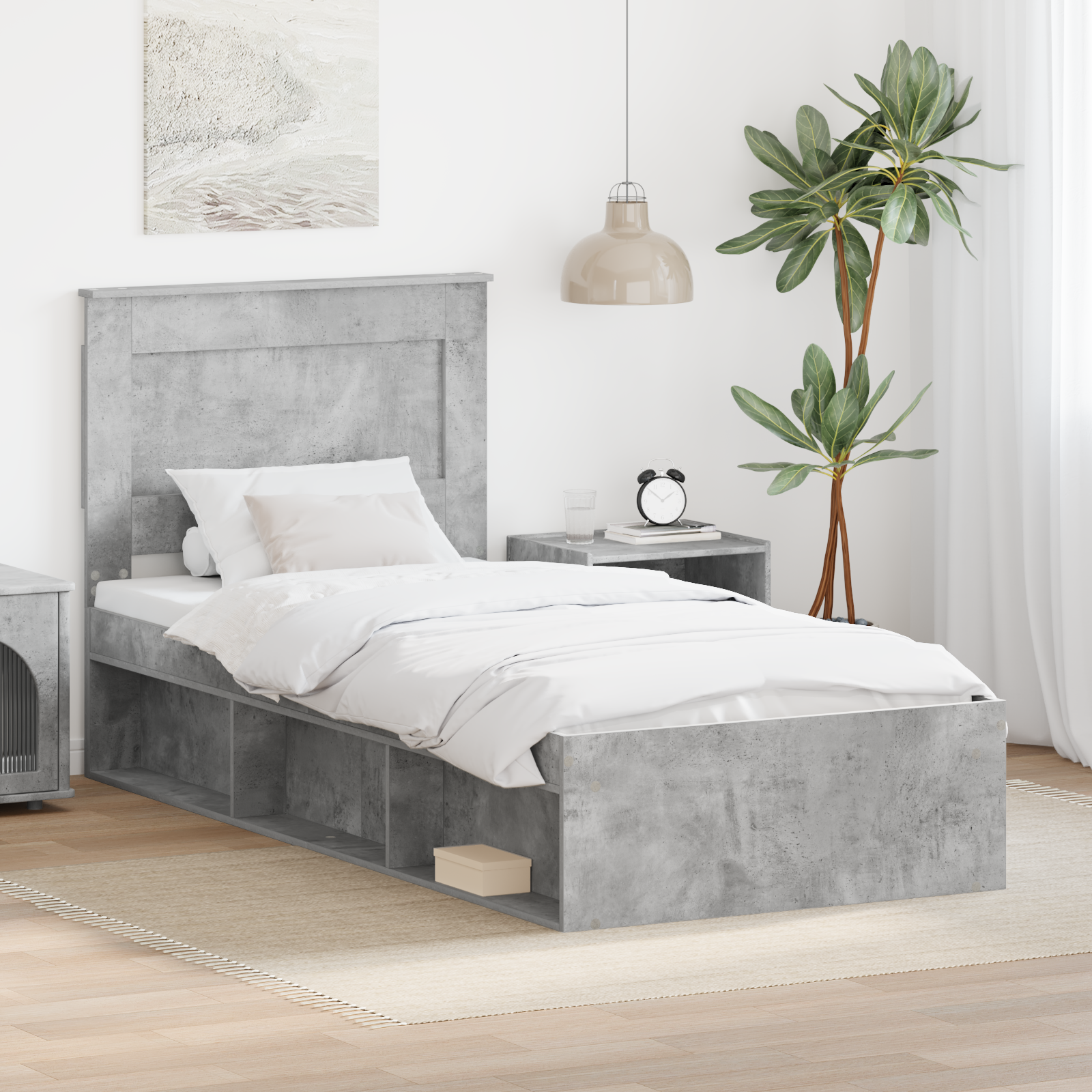 Sängram med huvudgavel Betong 90 x 200 cm Massiv furu