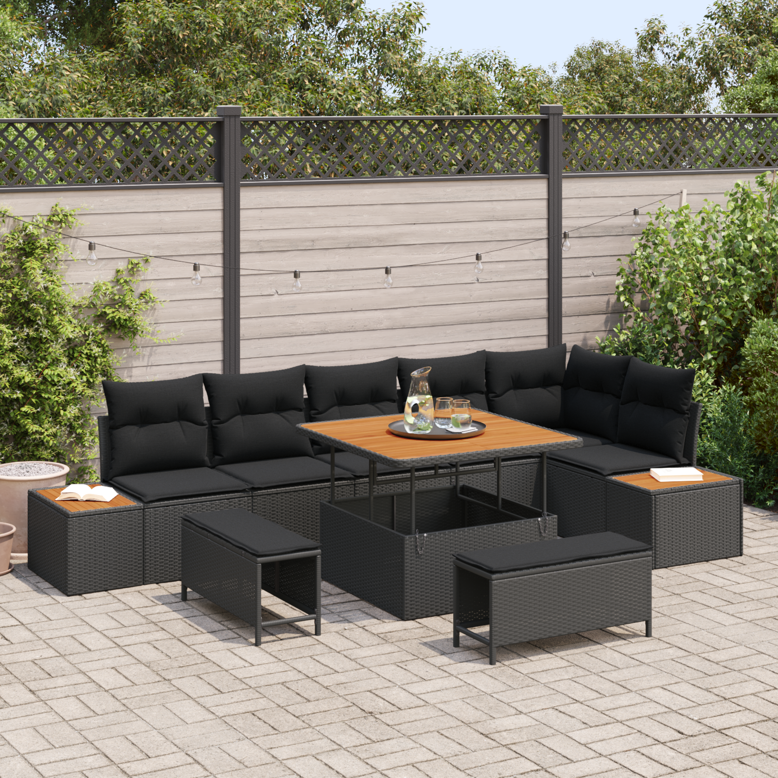Trädgårdsoffset med kudde med lagring 9 pcs Svart Poly rattan